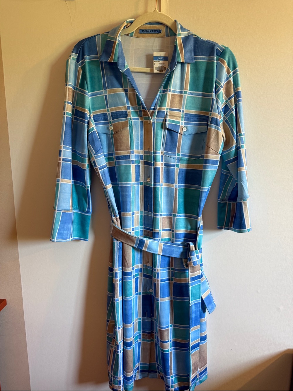 J.McLaughlin Brynn Dress Large NWT Blue Aqua Paintbrush Plaid Belted Shirt Dress